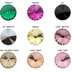 May include: Nine round glass rhinestones in various colors, including emerald green, fuchsia, jet black, light gray, jonquil yellow, light amethyst, light Colorado topaz, light peach, and light rose.