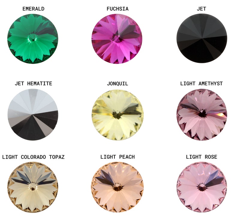 May include: Nine round glass rhinestones in various colors, including emerald green, fuchsia, jet black, light gray, jonquil yellow, light amethyst, light Colorado topaz, light peach, and light rose.