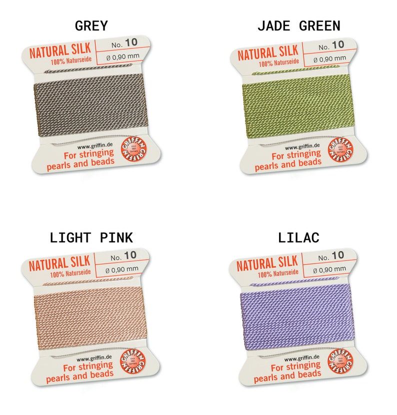 May include: Four spools of natural silk thread for stringing pearls and beads. The colors are grey, jade green, light pink, and lilac. Each spool is labeled "Natural Silk 100% Naturseide" and "No. 10 0 0,90 mm".