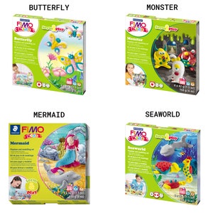 May include: Four colorful FIMO Kids Playtime and Modeling sets featuring a butterfly, monster, mermaid, and sea creatures. Each set includes 4 x 42 g (1.5 oz) of modeling clay.