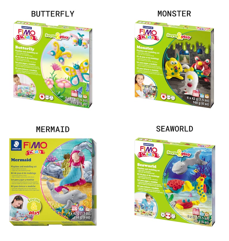 May include: Four colorful FIMO Kids Playtime and Modeling sets featuring a butterfly, monster, mermaid, and sea creatures. Each set includes 4 x 42 g (1.5 oz) of modeling clay.