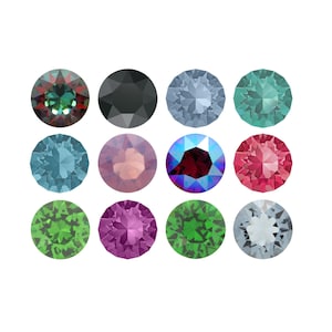 May include: A collection of twelve round, faceted gemstones arranged in a grid. The stones feature a variety of colours including iridescent dark red, solid black, light blue, teal, medium blue, soft pink, deep purple, bright pink, lime green, magenta, emerald green, and clear white.