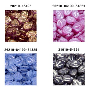 May include: Assortment of glass beads in various colors, including purple, pink, blue, and gray. The beads are shaped like small leaves and have a shiny, iridescent finish.