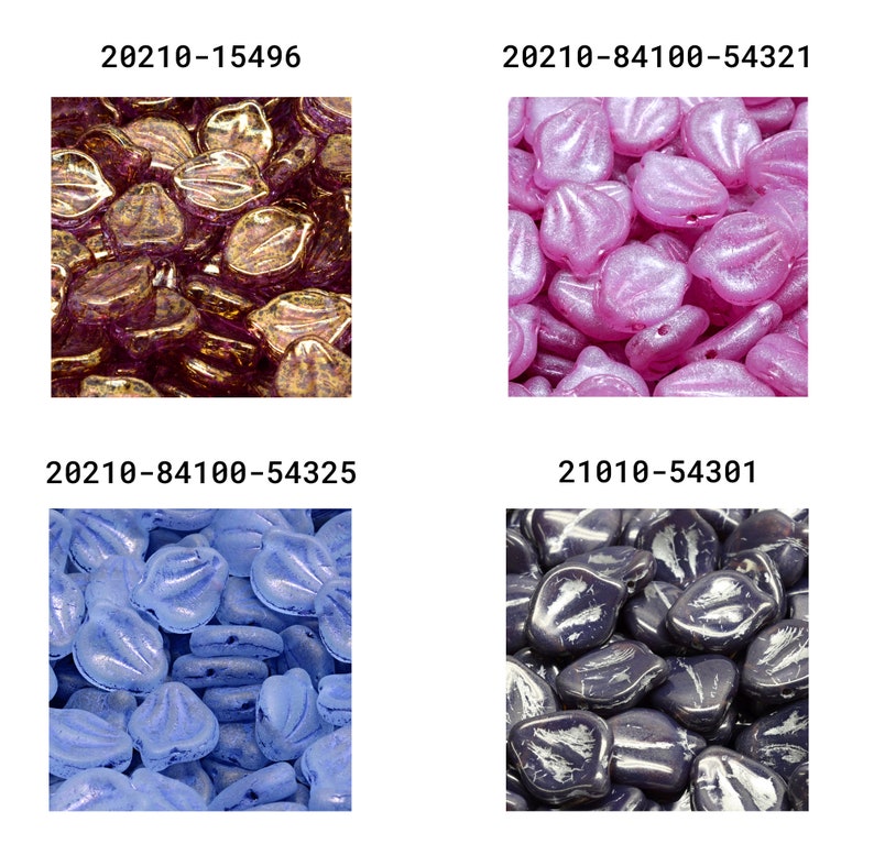 May include: Assortment of glass beads in various colors, including purple, pink, blue, and gray. The beads are shaped like small leaves and have a shiny, iridescent finish.