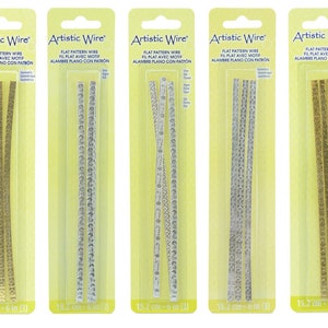 Artistic Wire® フラットパターンワイヤー - 真鍮色または銀メッキ - 各幅 0.020 インチ/4.6 mm - 各長さ 6 インチ/15.24 cm - パックには 3 個入り