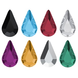 Könnte beinhalten: Acht tropfenförmige Strasssteine in verschiedenen Farben, darunter Schwarz, Blau, Rot, Silber, Lila, Gold, Weiß und Grün.