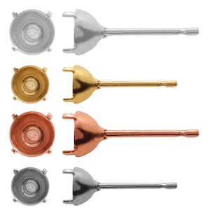 May include: Four sets of earring findings, each with a round bezel setting and a post. The findings are shown in silver, gold, rose gold, and black.