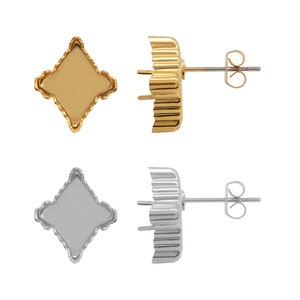 May include: Two pairs of earring settings, one gold and one silver. Each setting features a square-shaped base with a scalloped edge and a post with a butterfly back.