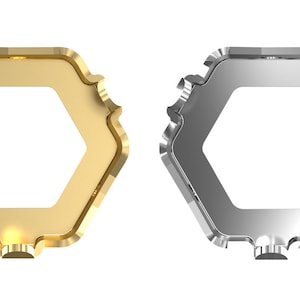 May include: Two hexagonal metal keyrings, one gold and one silver, with a decorative, scalloped edge.
