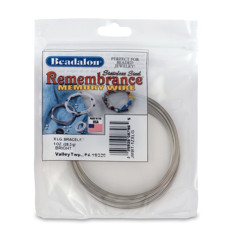 May include: A package of Beadalon Remembrance Memory Wire, stainless steel, for making beaded jewelry. The package is labeled with the product name, size, and weight: X LG. Bracelet, 1 oz. (28.3 g), Bright. Made in the USA.
