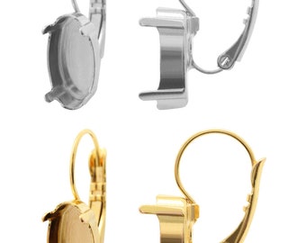 Bases de boucles d'oreilles levier en métal en laiton - Pour incorporer 4162 cristaux fantaisie ovales allongés - Plaqué or, couleur argent, 1 paire