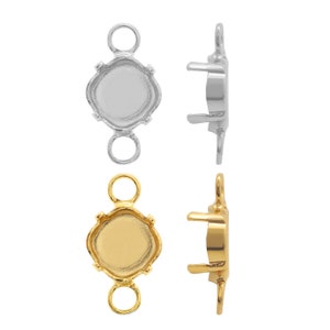 May include: Two sets of silver and gold bezel settings for jewelry making. Each setting has a square shape with a round opening for a gemstone. The settings have two loops for attaching to a chain or other jewelry piece.