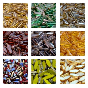 Peut inclure: Assortiment de perles de verre ovales de différentes couleurs, notamment jaune, vert, marron, rouge et blanc. Les perles ont une finition brillante et sont disposées en grille.