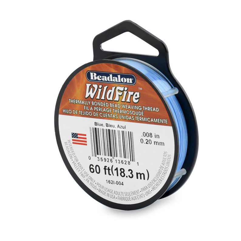 May include: A spool of blue Beadalon WildFire thermally bonded bead weaving thread. The spool is labeled with the text "Beadalon WildFire" and "Thermally Bonded Bead Weaving Thread". The spool is 60 feet (18.3 meters) long and has a diameter of 0.008 inches (0.20 millimeters).