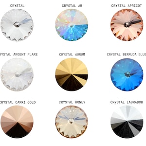 May include: Nine different colors of round crystal rhinestones. The colors are clear, blue, peach, white, gold, blue, gold, beige, and black.