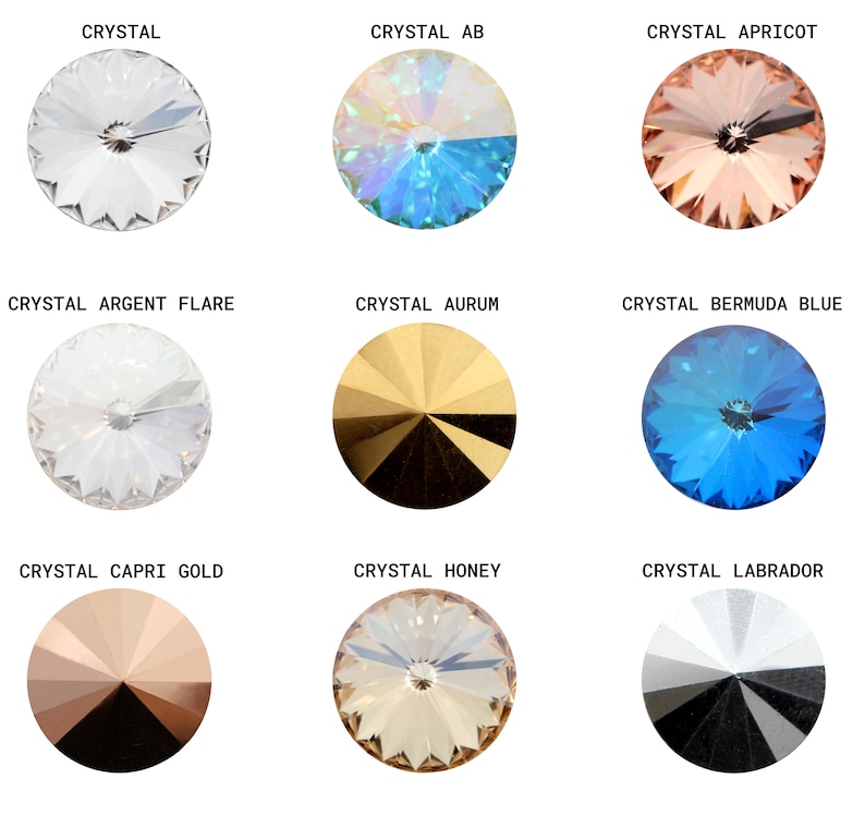 May include: Nine different colors of round crystal rhinestones. The colors are clear, blue, peach, white, gold, blue, gold, beige, and black.