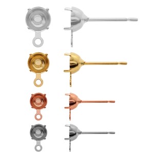 May include: Three pairs of earring settings in silver, gold, and rose gold. Each setting has a round cup for a stone and a post with a loop at the end.