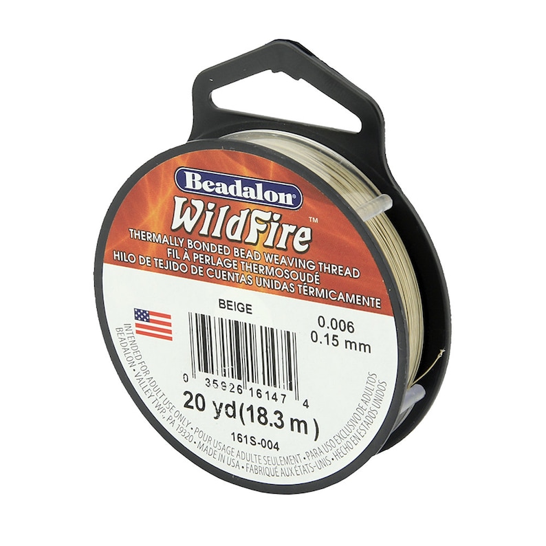 May include: Beige Beadalon WildFire thermally bonded bead weaving thread, 20 yards (18.3 meters), 0.006 inches (0.15 mm) thick.  Intended for adult use only.