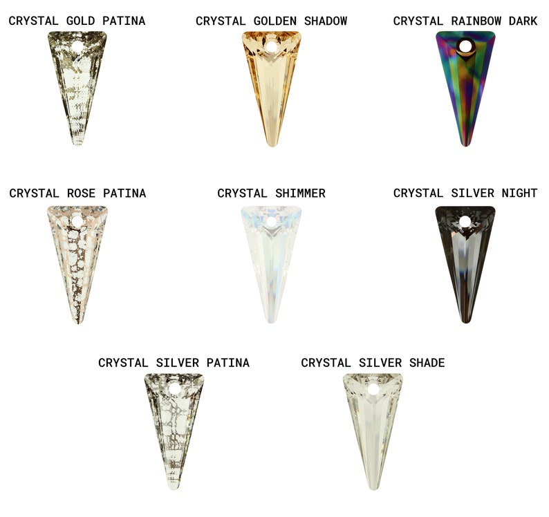 May include: Assortment of crystal pendants in various colors and finishes, including gold patina, golden shadow, rainbow dark, rose patina, shimmer, silver night, silver patina, and silver shade.