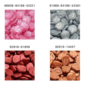 May include: Assortment of glass beads in four colors: pink, light blue, red, and orange. The beads are shaped like leaves and have a glossy finish.
