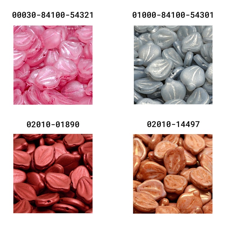 May include: Assortment of glass beads in four colors: pink, light blue, red, and orange. The beads are shaped like leaves and have a glossy finish.