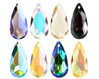 May include: Eight teardrop-shaped crystal pendants in various colors, including clear, blue, green, gold, and black.