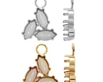 Ganci con basi in metallo in ottone - Per cristalli di pietre fantasia a forma di navette - Placcato oro, colore argento - 1 pezzo - Cristalli incastonati