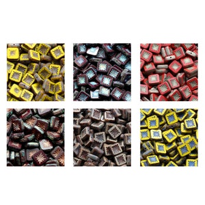 May include: Assortment of six colours of square ceramic tiles with a starburst design. The tiles are in yellow, red, brown, dark brown, blue, and light blue.