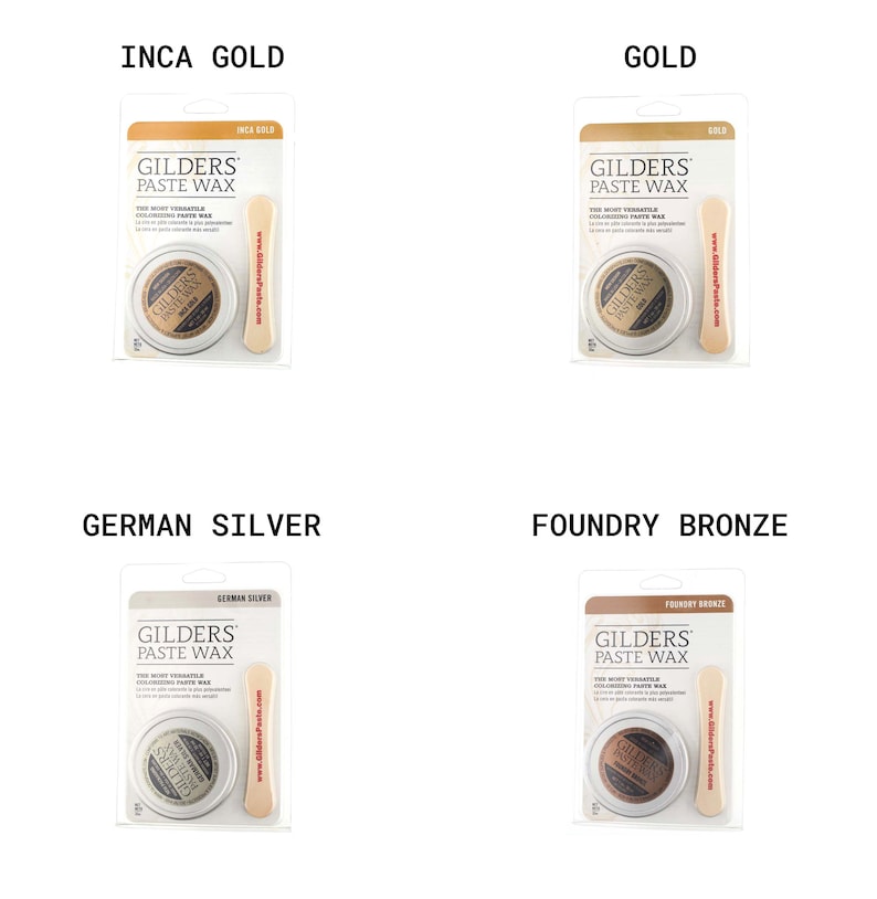 Puede incluir: Cuatro colores diferentes de Cera de Pasta Gilders, una cera de pasta de dorado vers&aacute;til. Los colores son Inca Gold, Gold, German Silver y Foundry Bronze. Cada color est&aacute; envasado en un peque&ntilde;o recipiente de pl&aacute;stico con un aplicador de madera.
