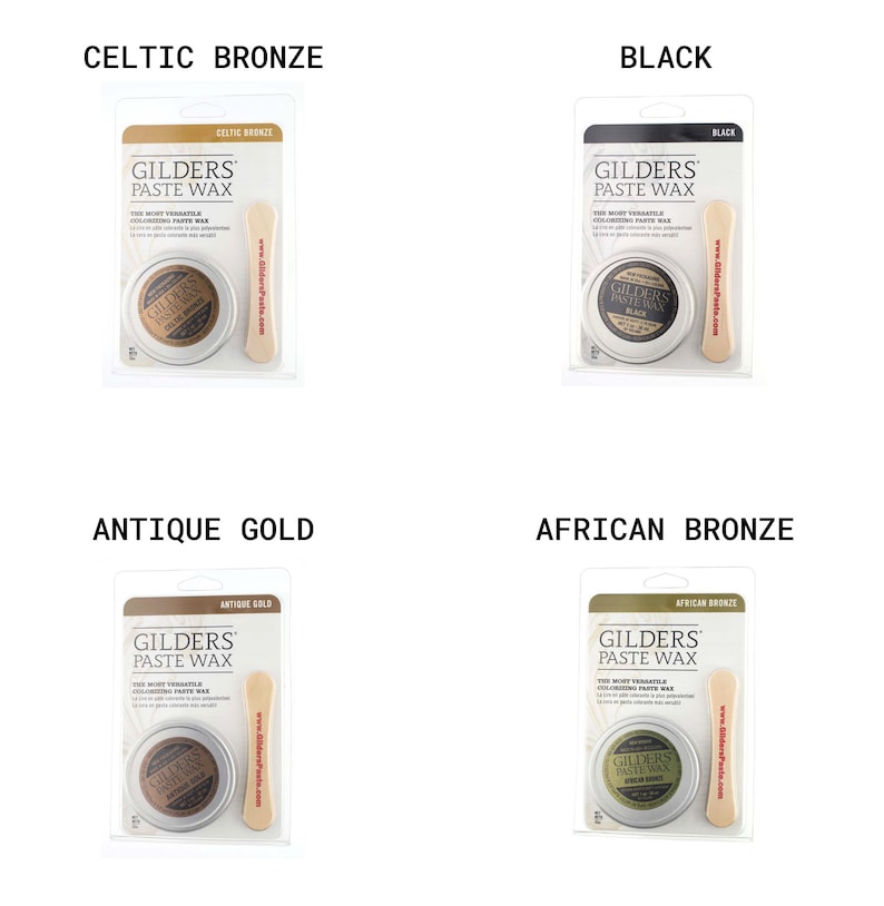 Puede incluir: Cuatro ceras de diferentes colores en peque&ntilde;os envases con un aplicador de madera. Las ceras est&aacute;n etiquetadas como "Celtic Bronze", "Black", "Antique Gold" y "African Bronze".