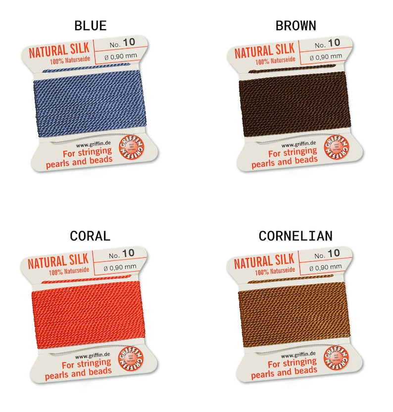 May include: Four spools of natural silk thread for stringing pearls and beads. The colors are blue, brown, coral, and carnelian. Each spool is labeled "Natural Silk" and has the number 10 and the diameter 0.90 mm printed on it.