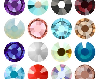 May include: Assortment of 16 round, faceted rhinestones in various colors, including clear, blue, red, purple, and brown.