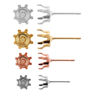 May include: Four pairs of earring settings in silver, gold, rose gold, and gunmetal. Each setting has a pronged base and a round top with a small hole in the center.