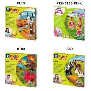 May include: Four boxes of FIMO Kids modeling clay sets. Each box features a different theme: Pets, Princess Pink, Dino, and Pony. Each box includes 4 packs of clay, a tool, and instructions. The boxes are yellow with green accents and feature a cartoon character on the front.