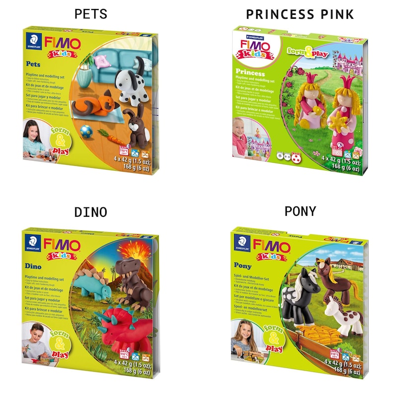 May include: Four boxes of FIMO Kids modeling clay sets. Each box features a different theme: Pets, Princess Pink, Dino, and Pony. Each box includes 4 packs of clay, a tool, and instructions. The boxes are yellow with green accents and feature a cartoon character on the front.