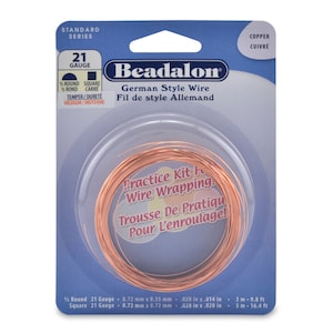 May include: A package of 21 gauge copper wire for jewelry making. The package includes 3 meters (9.8 feet) of round wire and 5 meters (16.4 feet) of square wire. The package is labeled "Beadalon German Style Wire" and "Practice Kit for Wire Wrapping".