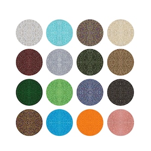 May include: Sixteen circular swatches of seed beads in various colours, including silver, turquoise, brown, beige, burgundy, grey, dark green, and gold. Other colours include green, lime green, blue, black, brown, blue, orange, and pink. The beads are densely packed.
