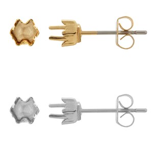 May include: Two pairs of earring settings, one gold and one silver. Each setting has a pronged top and a post with a butterfly back.