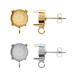 May include: Two pairs of earring settings, one gold and one silver. Each setting has a round bezel for a stone and a loop for attaching a charm or dangle. The settings are shown with the post and butterfly back.