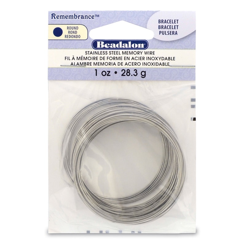 May include: A package of Beadalon stainless steel memory wire, 1 ounce (28.3 grams), for jewelry making. The wire is silver in color and is coiled in a circle.