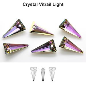 May include: Six iridescent crystal teardrop pendants with a hole at the top for stringing. The pendants are in a variety of colors, including purple, blue, green, and yellow. The image also includes a line drawing of the pendant.