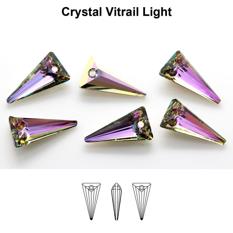 May include: Six iridescent crystal teardrop pendants with a hole at the top for stringing. The pendants are in a variety of colors, including purple, blue, green, and yellow. The image also includes a line drawing of the pendant.
