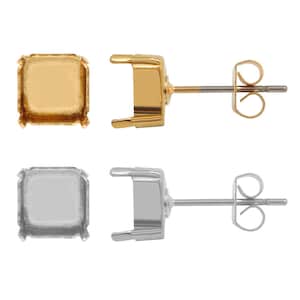 May include: Two pairs of earring settings, one gold and one silver. Each setting has a square bezel and a post with a butterfly back.