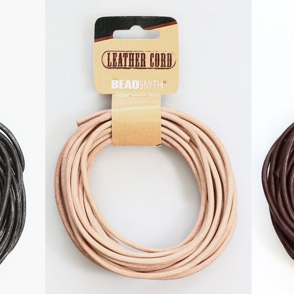 BeadSmith® Round India Leather Cord Thong - Available in Black, Brown, Natural colors - Diameters 0.5mm, 1mm, 1.5mm, 2mm, 3mm