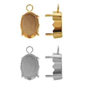 May include: Two sets of oval-shaped pendant settings, one gold and one silver. Each set includes a pendant with a loop for attaching a chain and a separate base with prongs for holding a stone.