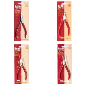 May include: Four pairs of red handled beading pliers with different nose shapes: bent chain nose, chain nose, flat nose, and round nose. Each pair has a white label with the text "Bead Smith Pliers" and a list of features.