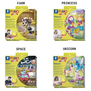 May include: Four colorful boxes of FIMO Kids modeling clay sets. Each box features a different theme: Farm, Princess, Space, and Unicorn. Each box includes 4 packs of modeling clay, weighing 168 grams (6 ounces) in total.