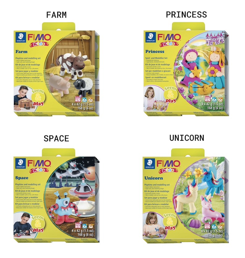 May include: Four colorful boxes of FIMO Kids modeling clay sets. Each box features a different theme: Farm, Princess, Space, and Unicorn. Each box includes 4 packs of modeling clay, weighing 168 grams (6 ounces) in total.