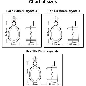 May include: A chart showing the different sizes of oval-shaped settings for crystals. The chart shows the dimensions of the settings in millimetres for crystals measuring 10x8mm, 14x10mm, and 18x13mm.