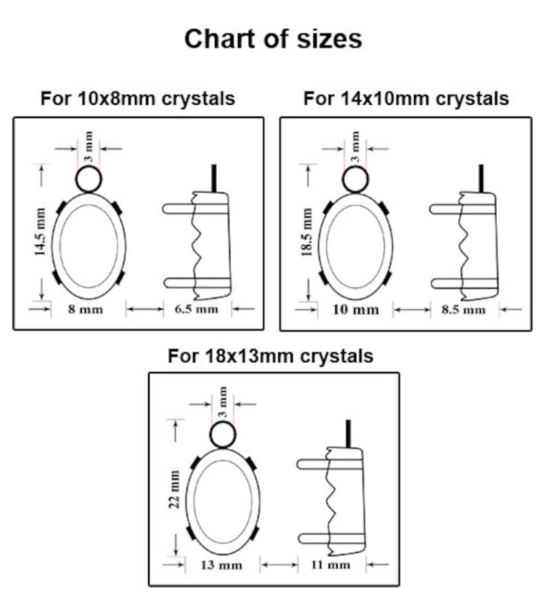 May include: A chart showing the different sizes of oval-shaped settings for crystals. The chart shows the dimensions of the settings in millimetres for crystals measuring 10x8mm, 14x10mm, and 18x13mm.